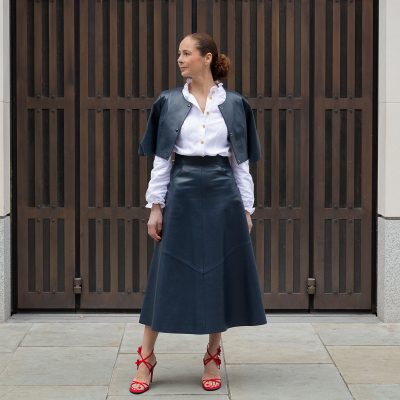 Navy Blue Louie A Line Leather Skirt